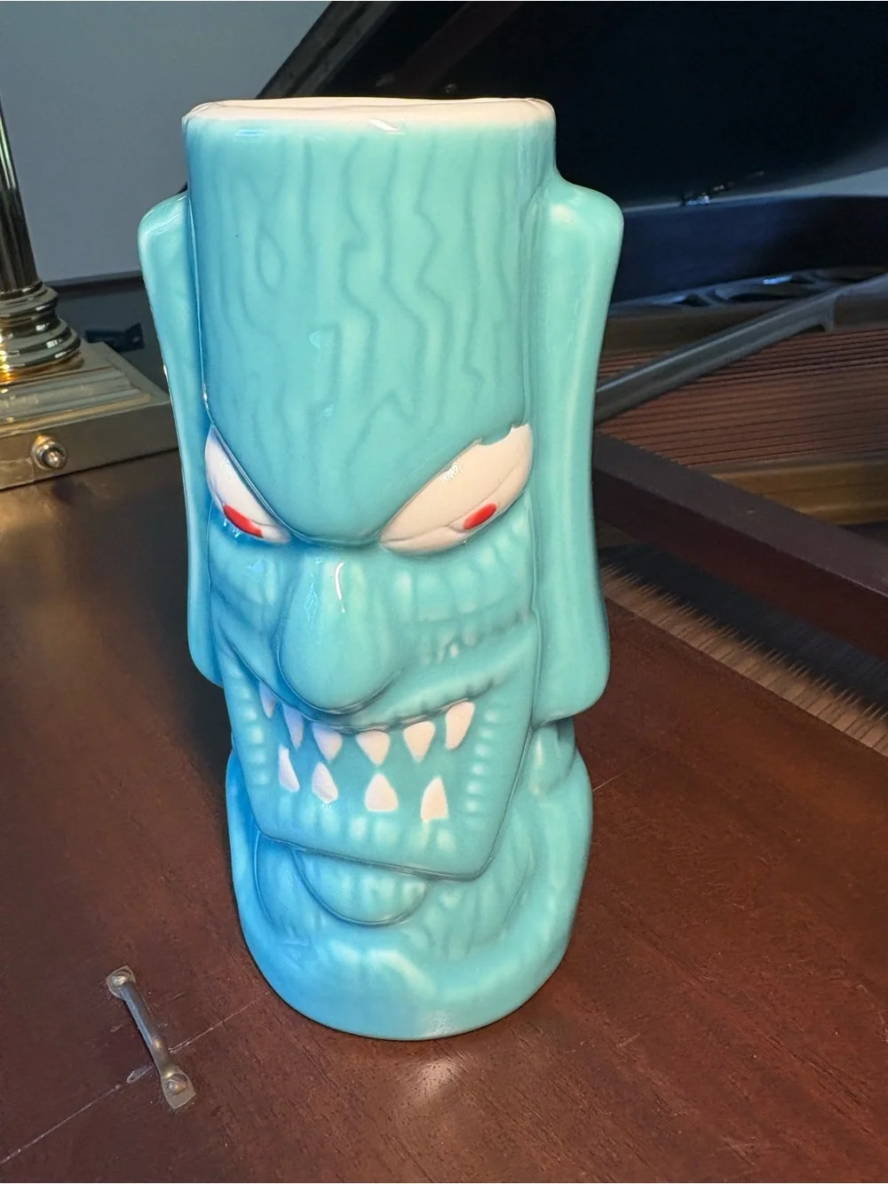 RARE Turquoise Tiki Lin Ceramic Pottery Tiki Mug Totem Face Red Eyes